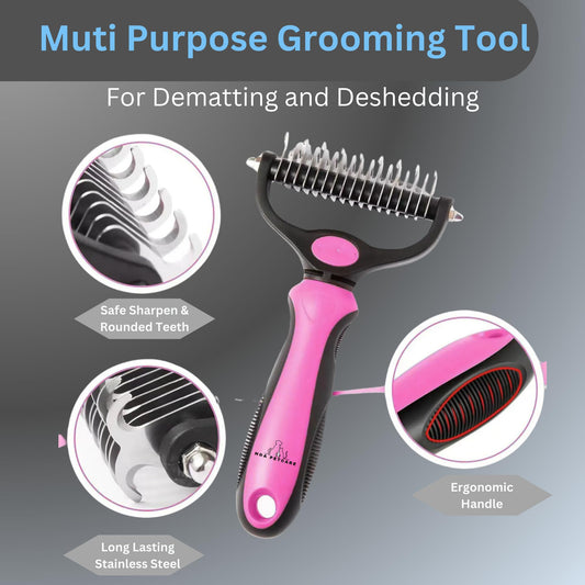 H&A PETCARE Double-Sided Deshedding and Dematting Comb for Long Haired Cats and Dogs,Deshedding Tool And Grooming Brush For Furry Pets (Pink)
