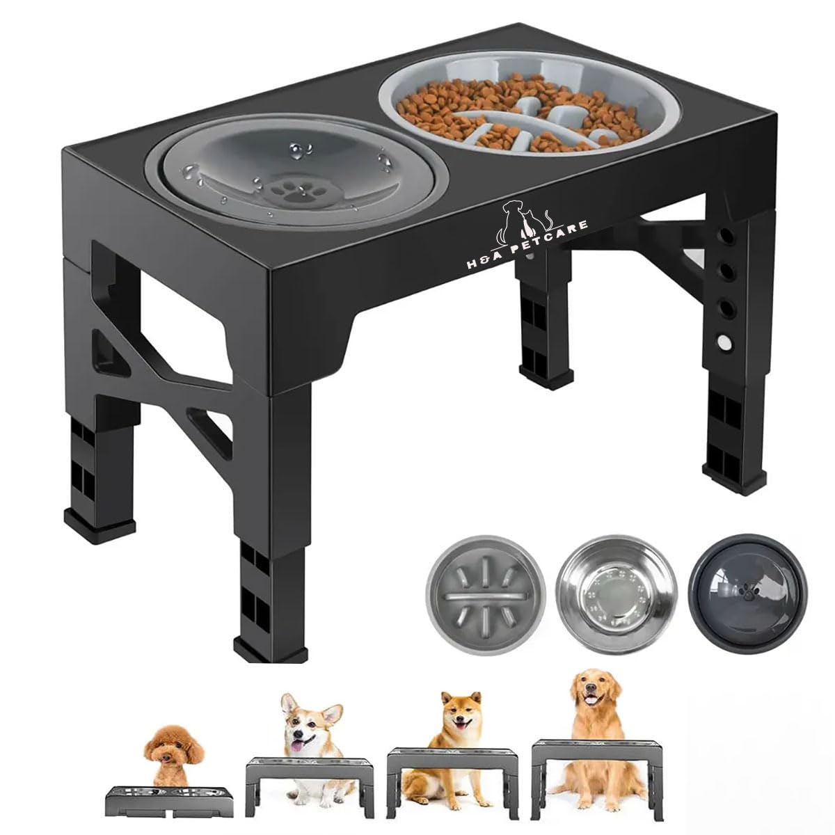H&A PETCARE 3-in-1 Raised Dog And Cat Bowl: Elevated Feeding Bowl with Slow Feeder, Non-Spill Water Dispenser, and 4 Adjustable Heights ā Perfect for Small, Medium, and Large Dogs and Cats"