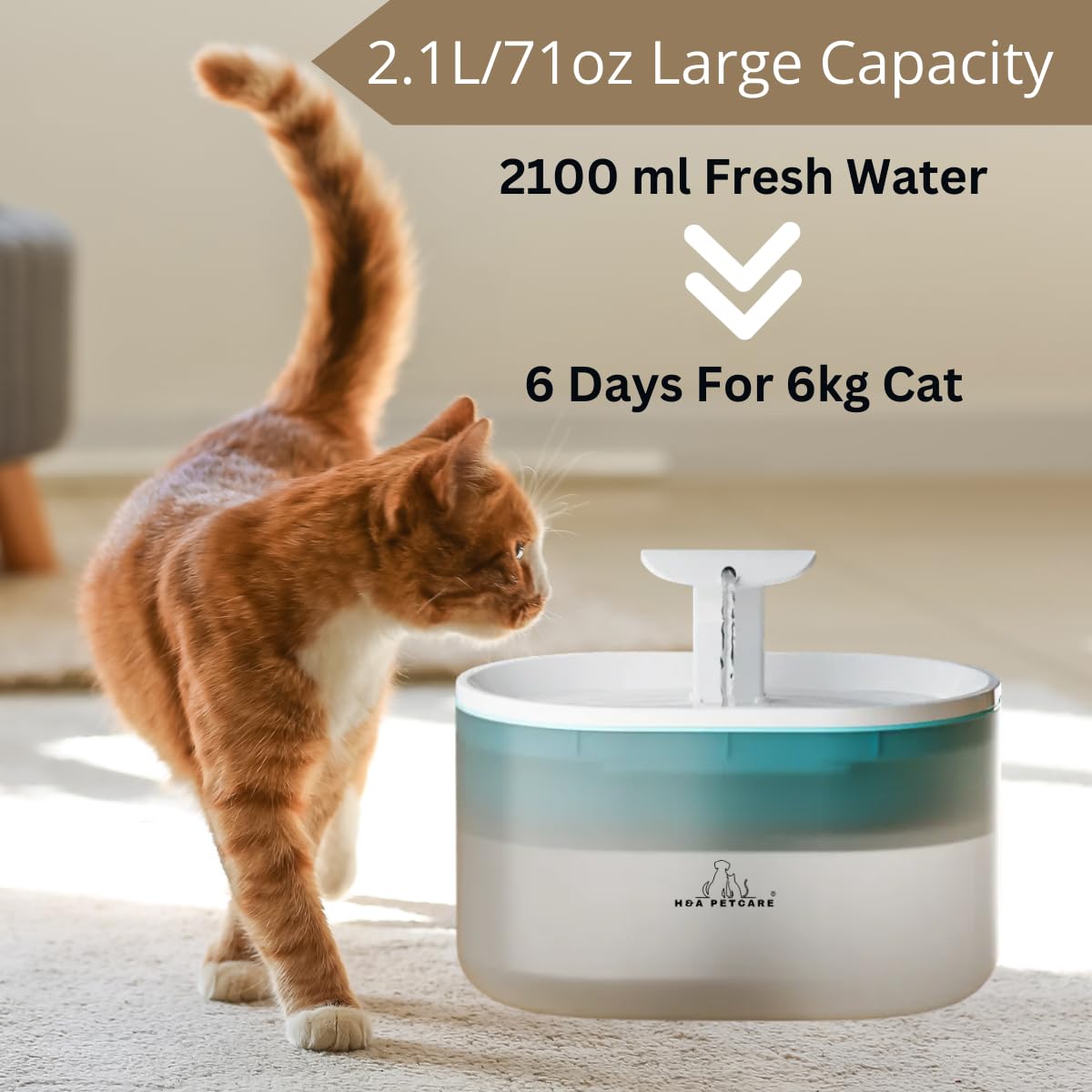 H&A PETCARE® Pet Water Fountain Advanced 2.1L BPA-Free, Cat Water Fountain For Drinking With 5 Filters, Whisper Quiet Water Fountain Cat Bowl, Visible Water Level, And Dual Flow Modes.