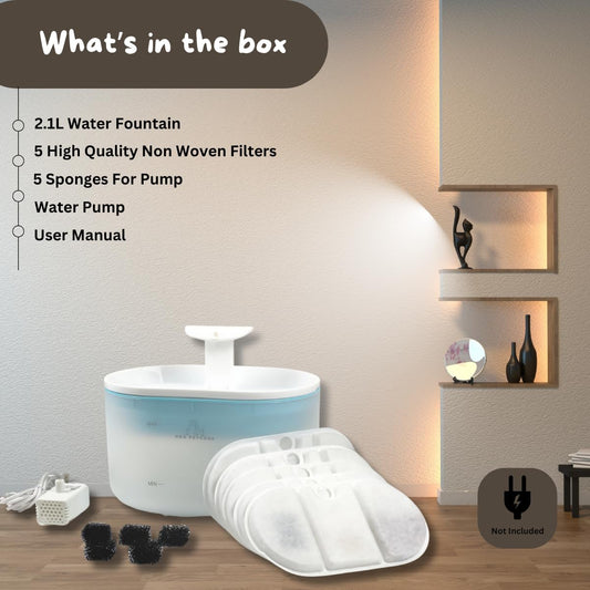 H&A PETCARE® Pet Water Fountain Advanced 2.1L BPA-Free, Cat Water Fountain For Drinking With 5 Filters, Whisper Quiet Water Fountain Cat Bowl, Visible Water Level, And Dual Flow Modes.