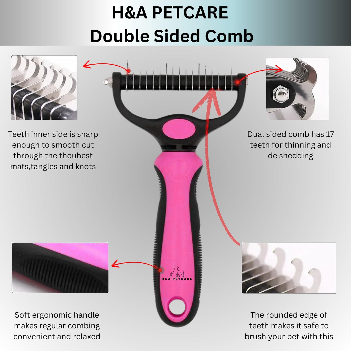 H&A PETCARE Double-Sided Deshedding and Dematting Comb for Long Haired Cats and Dogs,Deshedding Tool And Grooming Brush For Furry Pets (Pink)