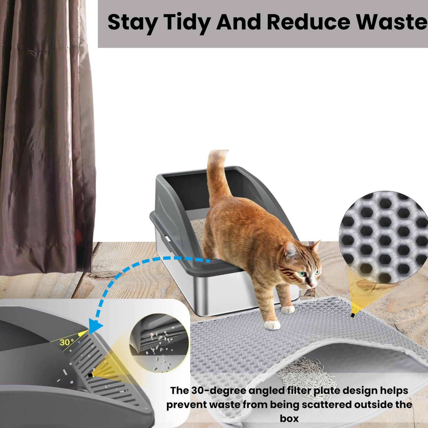 Stainless Steel Cat Litter Tray-Large 20L Stainless Steel Cat Litter Box with Scoop & Mat, Ideal for Medium & Large Cats