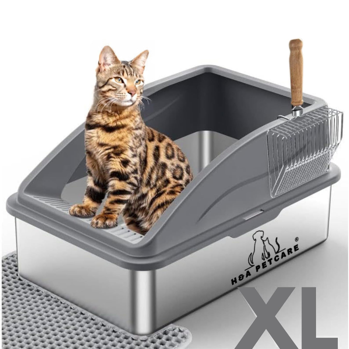 Stainless Steel Cat Litter Tray-Large 20L Stainless Steel Cat Litter Box with Scoop & Mat, Ideal for Medium & Large Cats