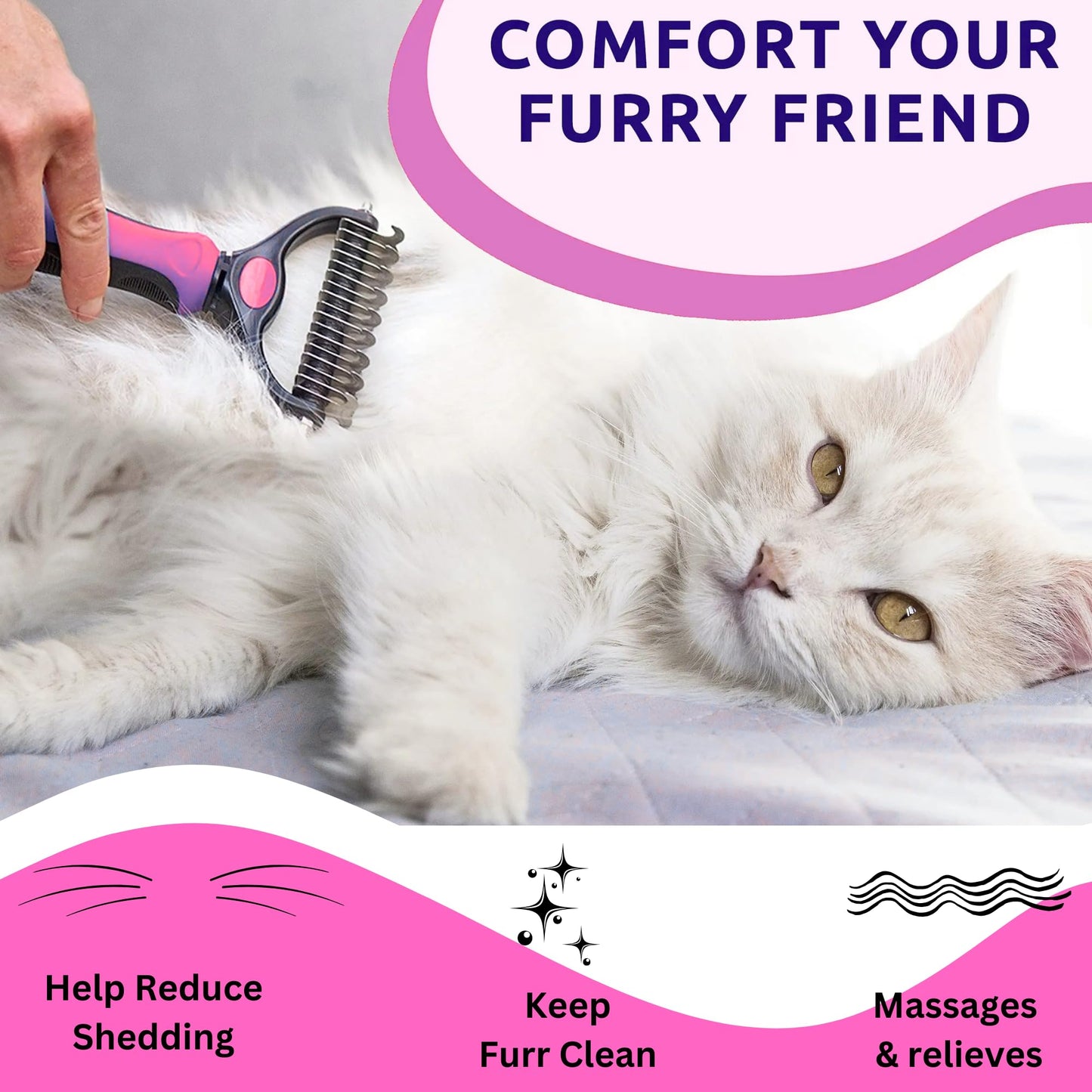 H&A PETCARE Double-Sided Deshedding and Dematting Comb for Long Haired Cats and Dogs,Deshedding Tool And Grooming Brush For Furry Pets (Pink)